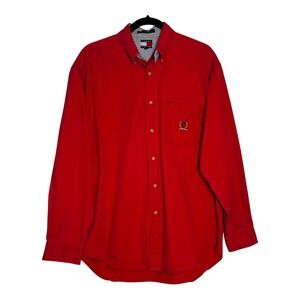 Tommy Hilfiger Vintage Men's Red Button Down Shirt Logo Long Sleeve Size M
